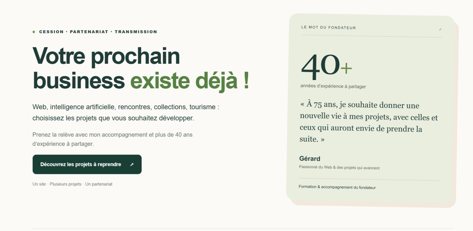 MonBusinessVotreAvenir.fr — Site dédié à la transmission de projets web et aux opportunités de partenariat
