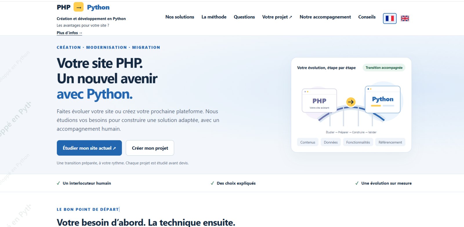 PHP vers Python — Site vitrine dédié à la conversion et à la modernisation de sites web